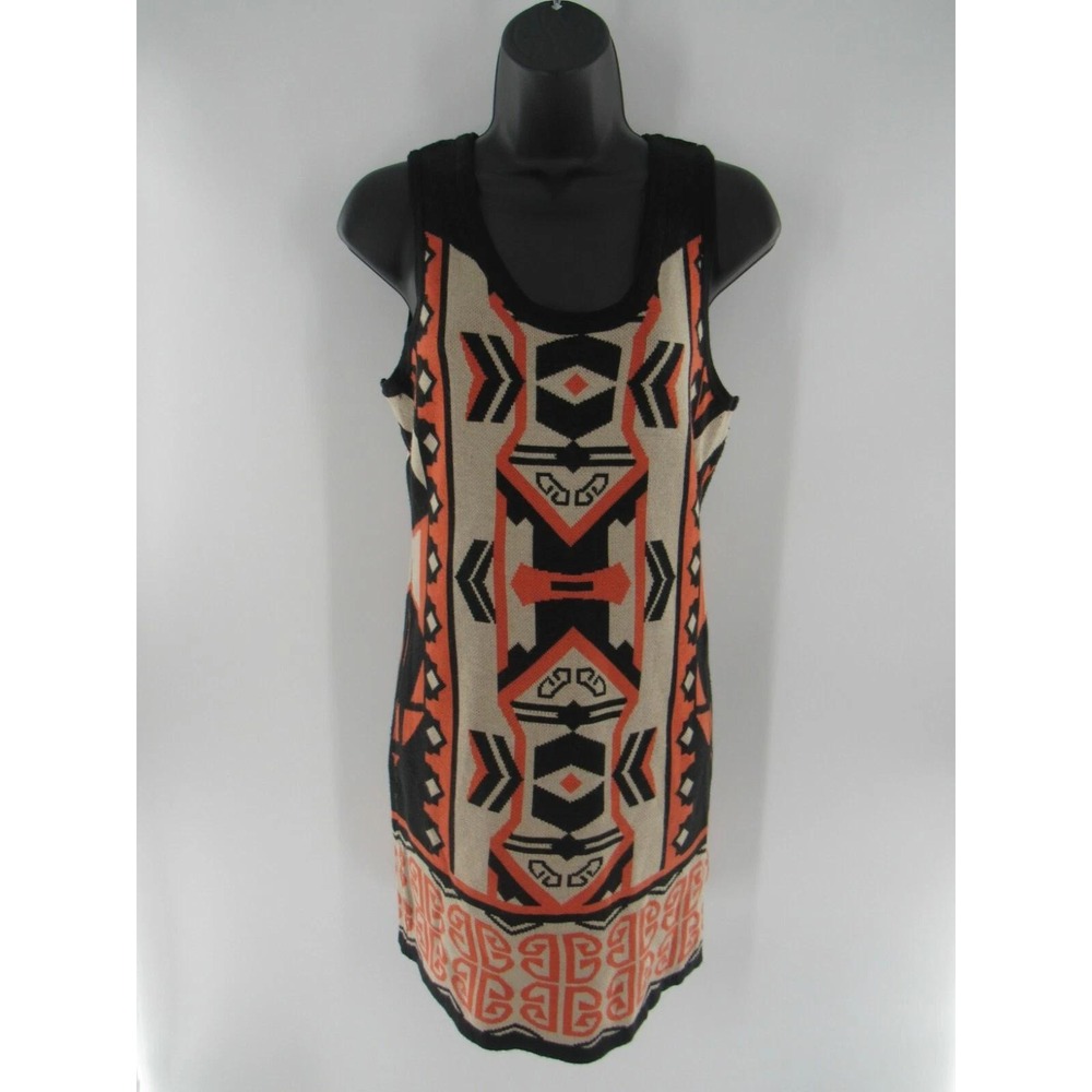 Women's Black Orange Tan Geometric Pattern Sweater Dress Size: Medium